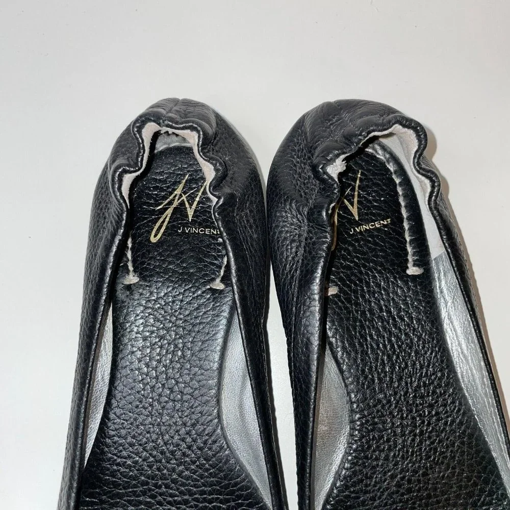 J VINCENT REFLECTION Ballet Flats Medallion Silver Leather Sz 6.5 Black Pebbled